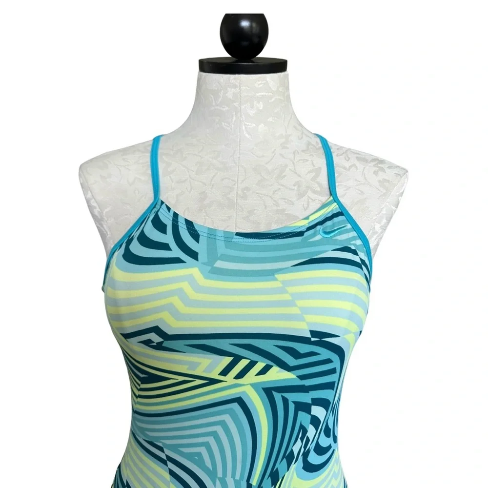 Nike Girls One Piece Swimsuit Criss Cross Back Green Yellow 12-13 Yrs Size Large